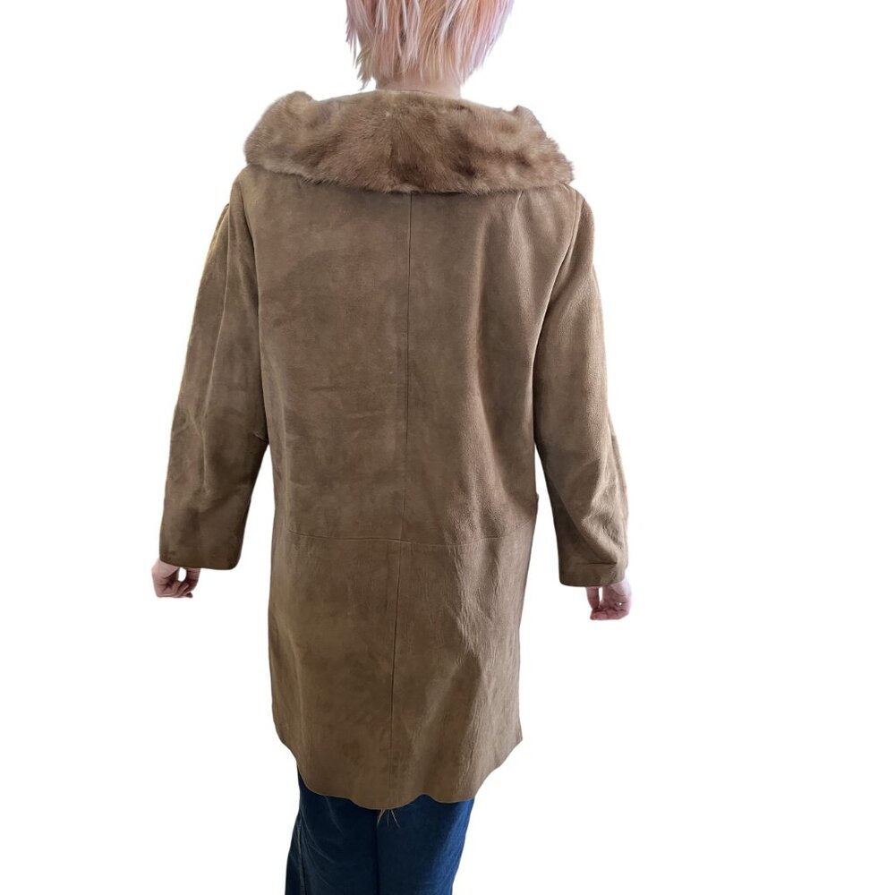 1960s Vintage Suede Coat With Mink Fur Collar Moonglow Buttons Satin Lining M - Picture 8 of 13